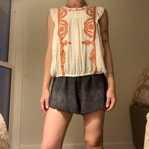 Free People White Tank Top with Orange Embroidery